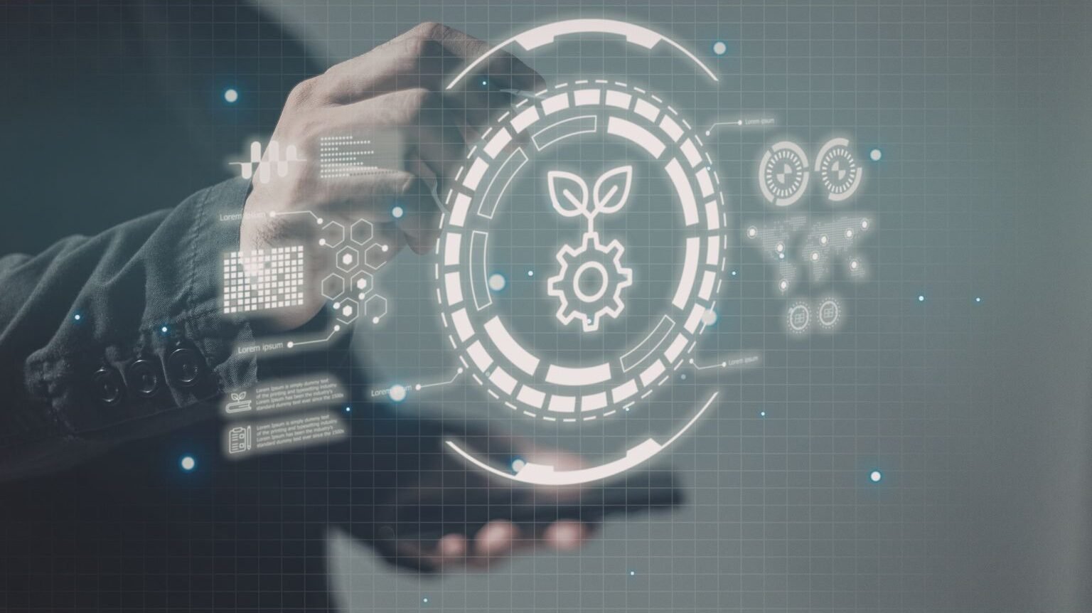 Professional using a digital interface with nature and sustainability symbols